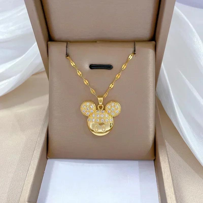 Cartoon Mickey Minnie Mouse Studded with Zircon Necklace for Women Girl Stainless Steel Chain Sweet Gift for Friends Fans