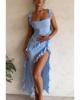 European and American women's clothing new blue slit ruffle pleated suspender dress