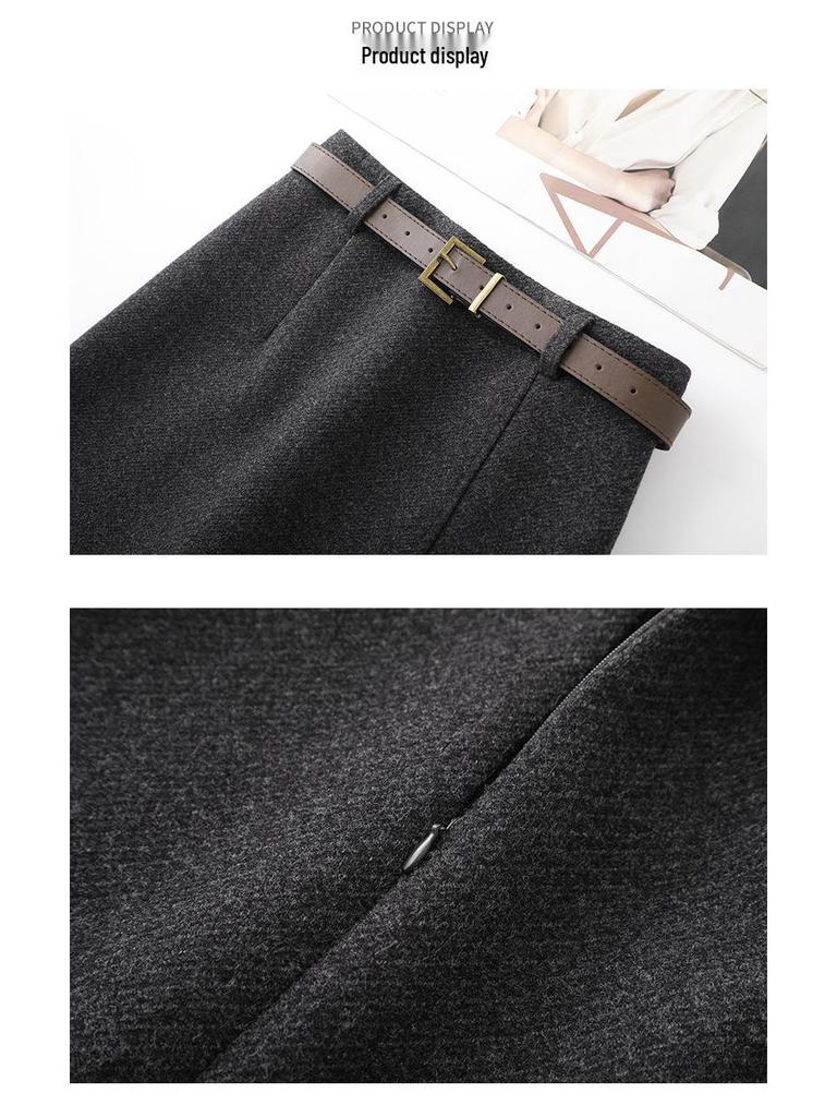 Women's Gray Wool A-line Slit Skirt: Elegant Hip-Hugging Style for Autumn/Winter 2025