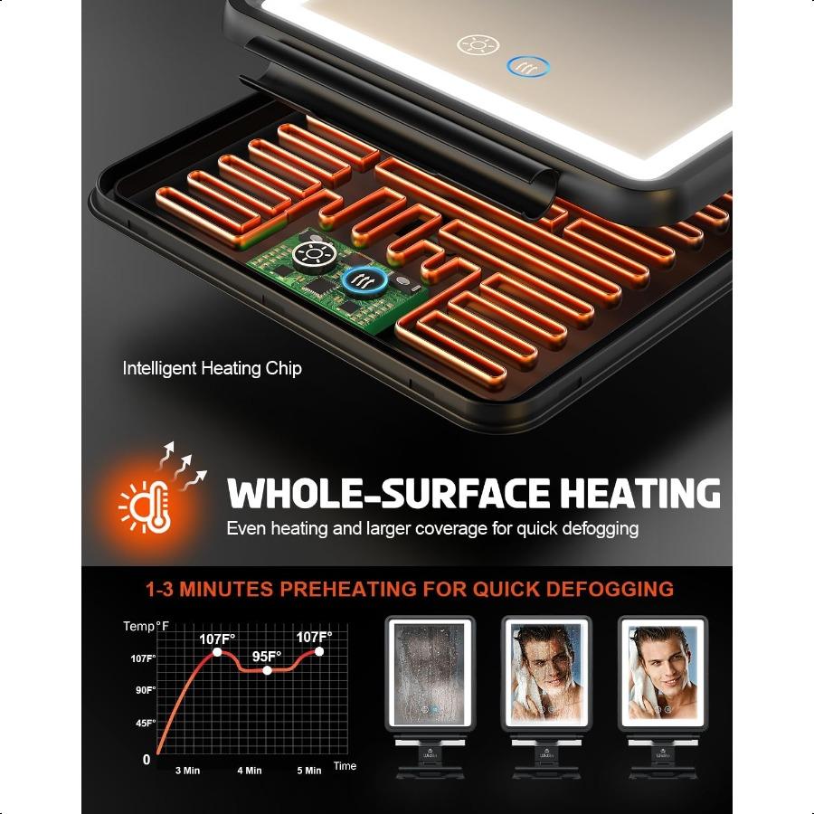 Heated Shower Mirror Fogl for Shaving 3 Color Dimmable Lights Shower Mirror Fogl Rechargeable AntiFog Shaving Mirror with Razor