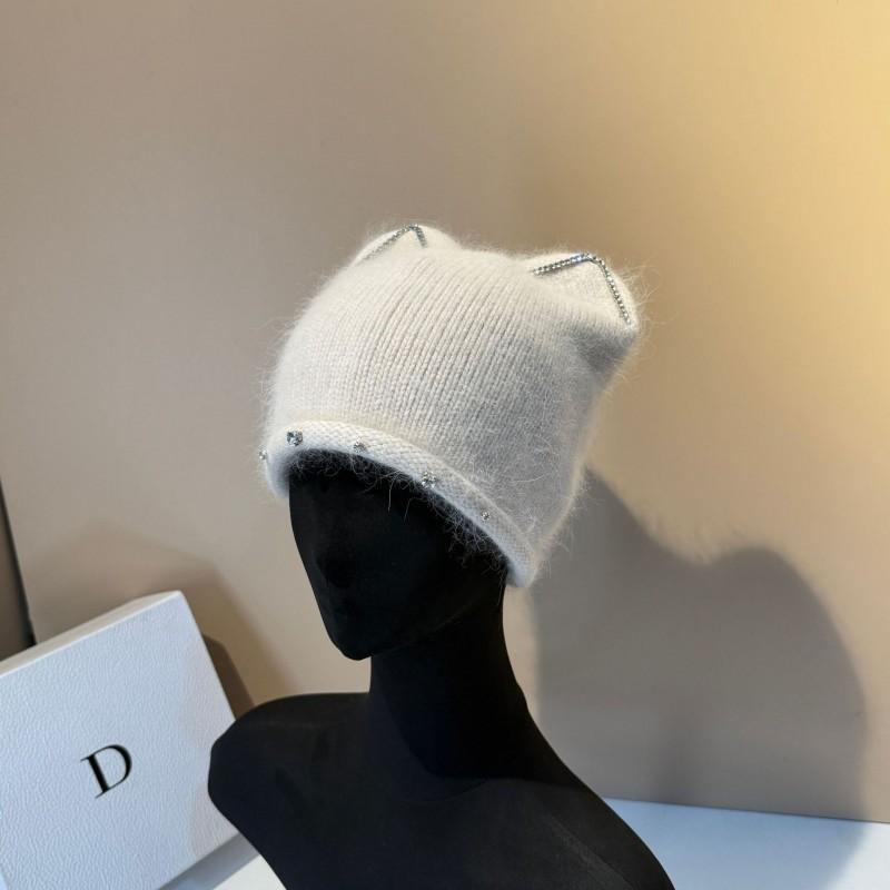 High Quality Diamond-embellished Rabbit Fur Beanie Winter Warm Knit Hat With Ear Flaps
