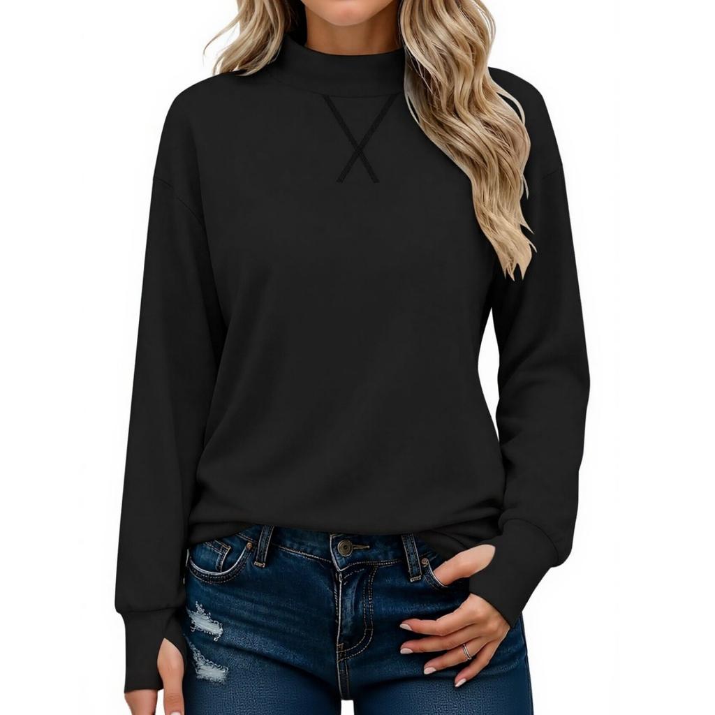 Women's Casual Mock Neck Long Sleeve Top with Thumb Holes