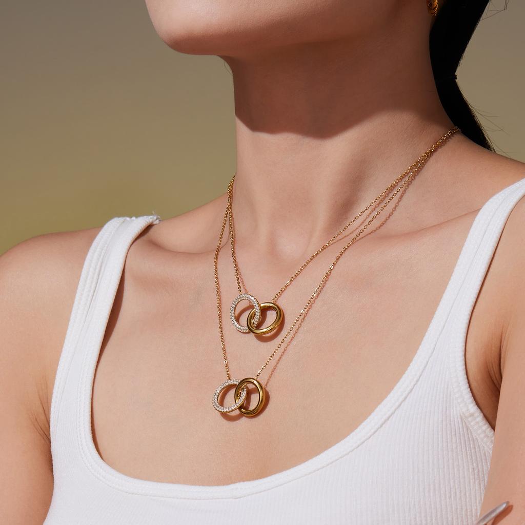 Simple Double Ring Pendant Stainless Steel Necklace Waterproof 18K Gold Plated Adjustable Cuban Bracelet Jewelry Set