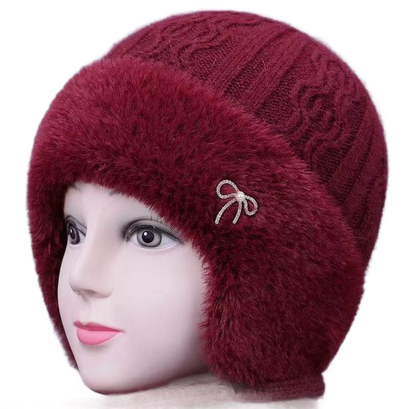 Warm Knitted Beanie Hat Women Winter Elderly Mom Cap With Ear Protection Soft Fleece Lined
