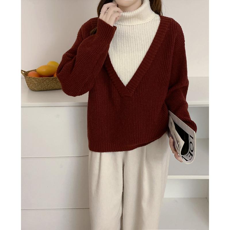 

Ленивый контрастный цветной вязаный пуловер-свитер из двух частей женский мягкий восковой удобный универсальный утолщенный свитер с высоким воротником для ношения под верхнюю одежду One size