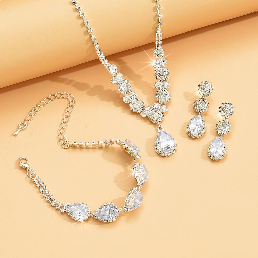 Zircon Rhinestone Necklace Earrings Bracelet Bridal Wedding Dress Accessories Three-piece Set