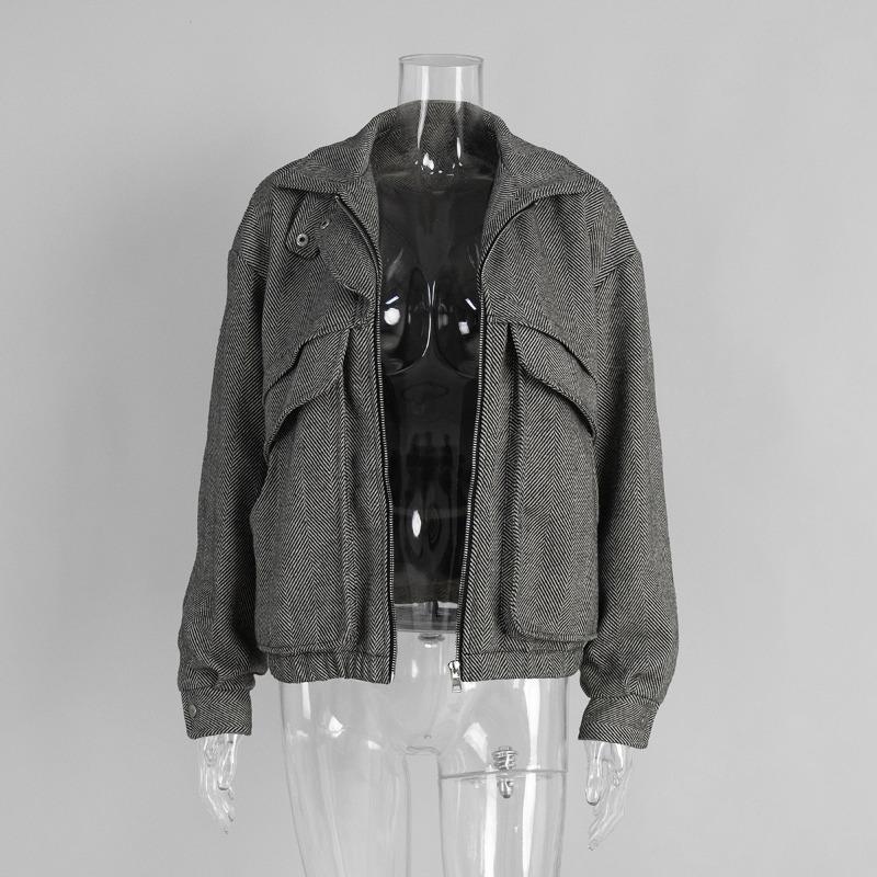 Women Loose Stand Collar Zipper Pocket Herringbone Long Sleeve Jacket Coat