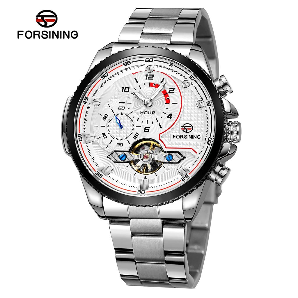 Forsining Mens Automatic Watches Stainess Steel Waterproof Wrist Watches Tourbillon Self Winding Mechanical Diamond Dial Wrist Watch