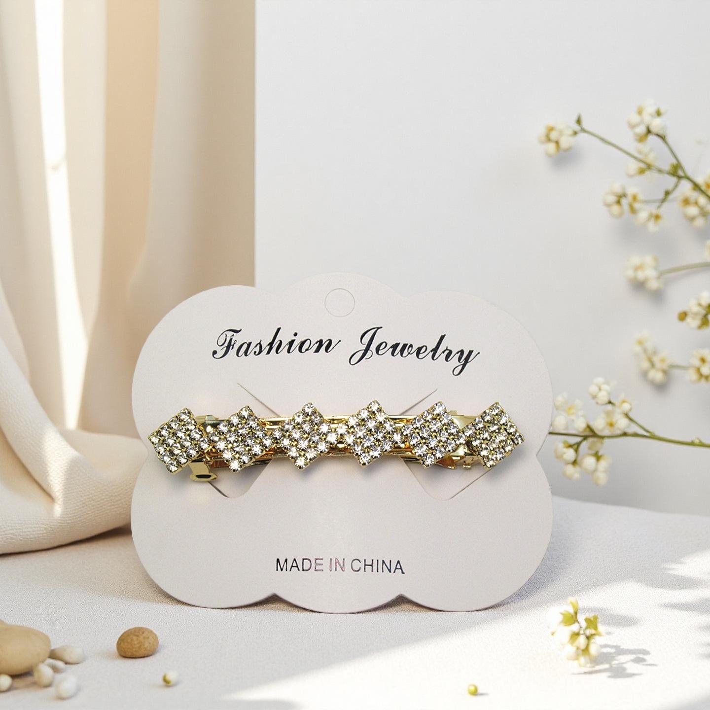 2025 Korean Style Geometric Rhombus Rhinestone Hair Clip Gold/White K