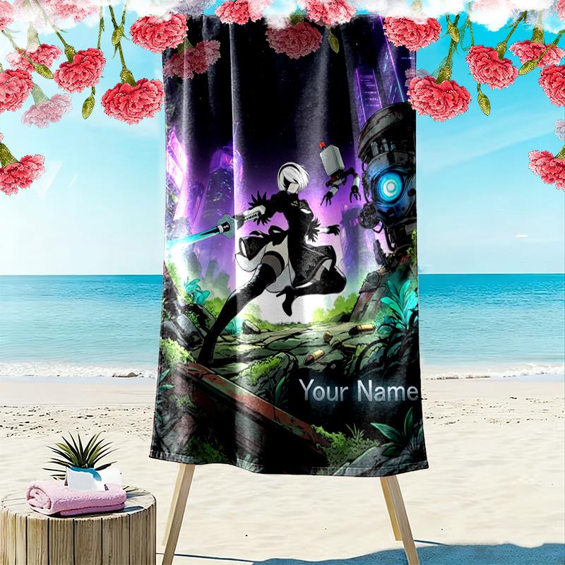 Name Custom NieR Automata 2B Print Beach Towel, Large Soft Quick Dry Towel for Beach Camping Swimming