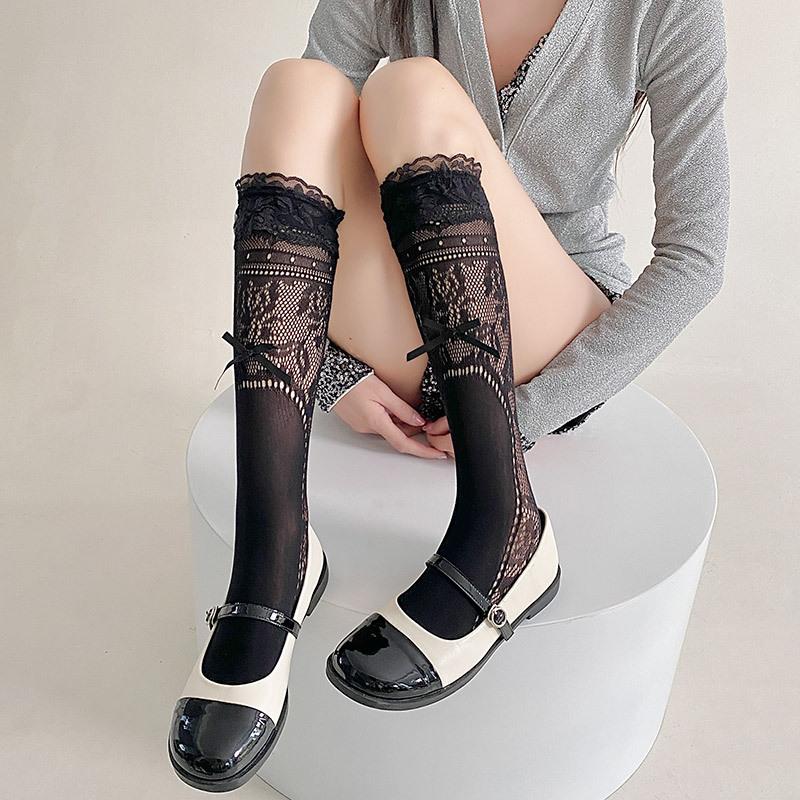 Lace Stacking Socks Cover Mesh Thin Summer Medium Tube Ballet Style Leg Cover White Bow Calf Socks Female Long