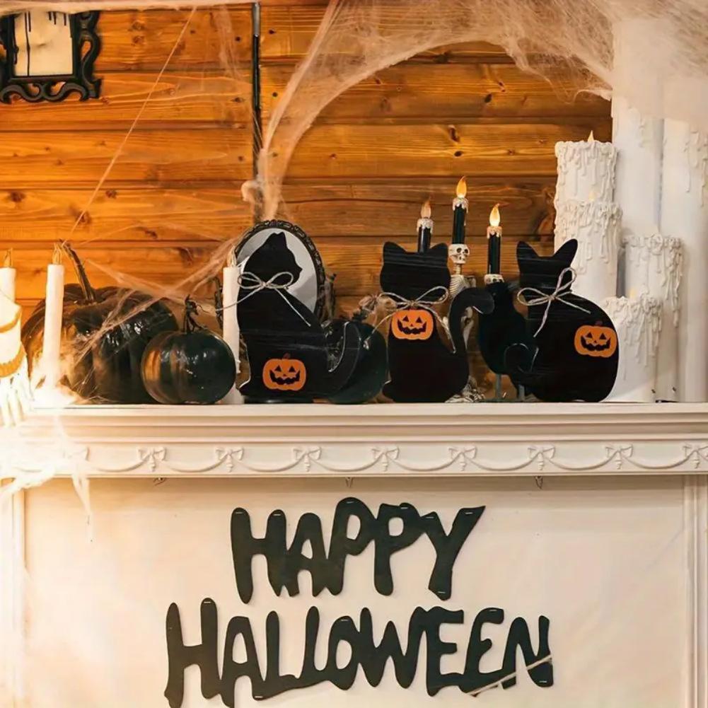 Country Halloween Black Cat Wooden Crafts, Farmhouse Fall Party Table Center Ornament