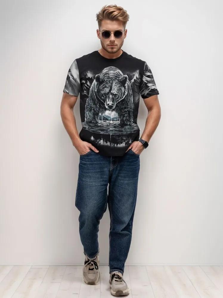 Men's 3D Black & White Grizzly Bear Print T-Shirt, Mountain Lake Scene Short Sleeve Casual Top
