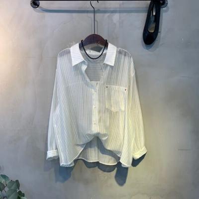 C S In The Room taCo Stripe aSymmetriCal Sheer poCket Long Sleeve Shirt 2Color