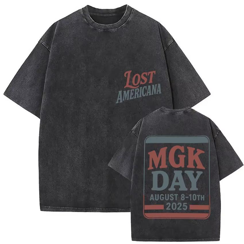 Rapper MGK Lost Americana Tour T-shirts Machine Gun Kelly Vintage Washed Graphic T Shirt Man's Hip Hop Short Sleeve T-shirt