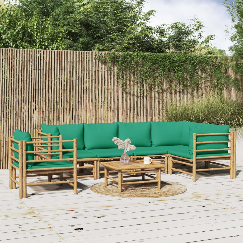 7 Piece Garden Lounge Set with Green Cushions Bamboo Brown
