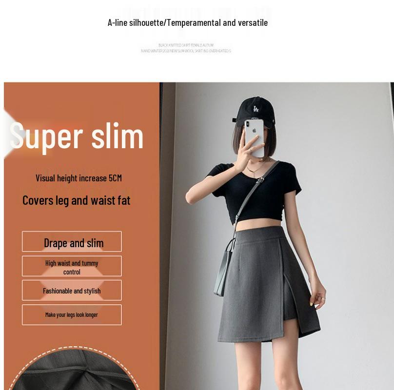 Women's Gray High-Waist Irregular Slit A-Line Midi Skirt