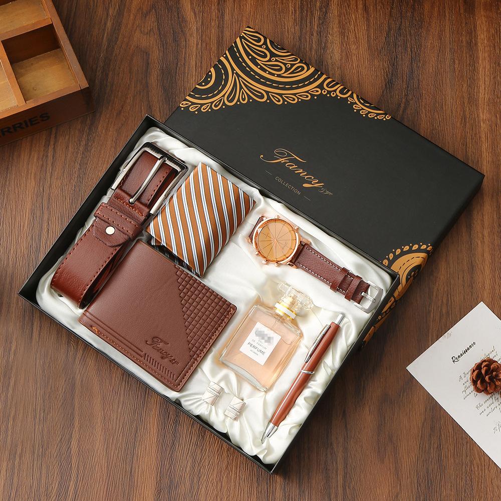 Premium Men's Souvenir Gift Set Custom Logo Leather Wallet Belt Watch Sunglasses 4-Piece Valentine Birthday Luxury Box
