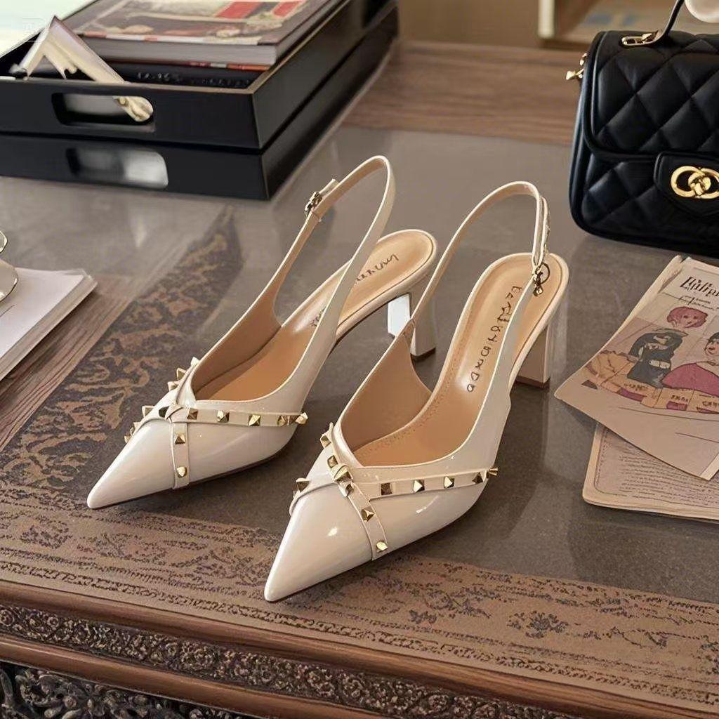 2025 new bag head thick heel female rivet French fairy style single shoes pointed patent leather not tired feet fashion sandals