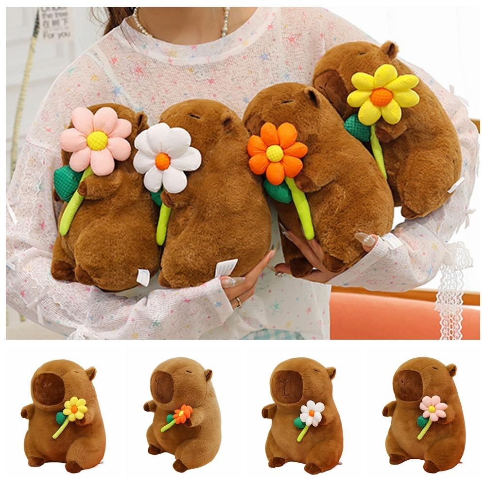 Brown Capybara Plush Doll Fluffy Capybara Stuffed Doll Creative Flower Capybara Plush Toy  Birthday