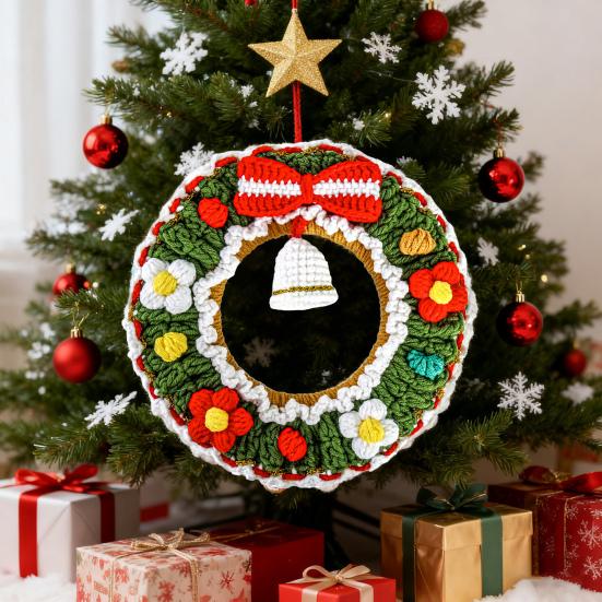 Crochet Christmas Wreath Ornaments Handmade Knitted Wreath Hanging Decoration with Bell for Xmas Tree