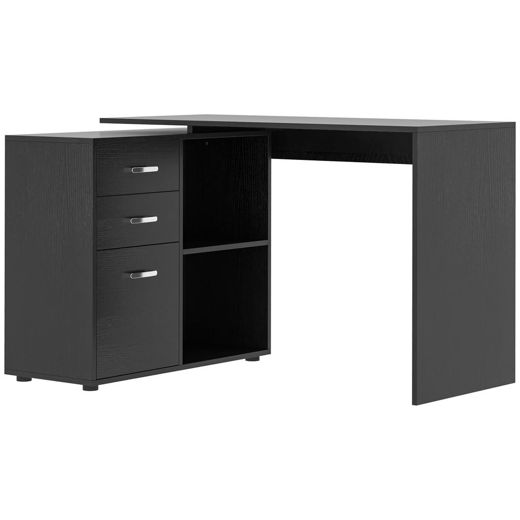 Corner PC Desk with 2 Drawers and Open Shelves, L-Shaped Corner Desk In Wood and Metal, 117x83.5x76 Cm, Black