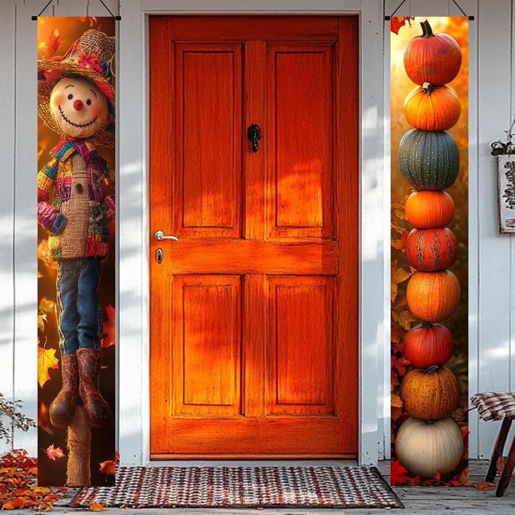 Thankgiving Vertical Door Banners 12x71 Inch Scarecrow Pumpkin Stack Front Door Decor Fall Harvest Hanging Porch Sign Outdoor Seasonal Backdrop Photo