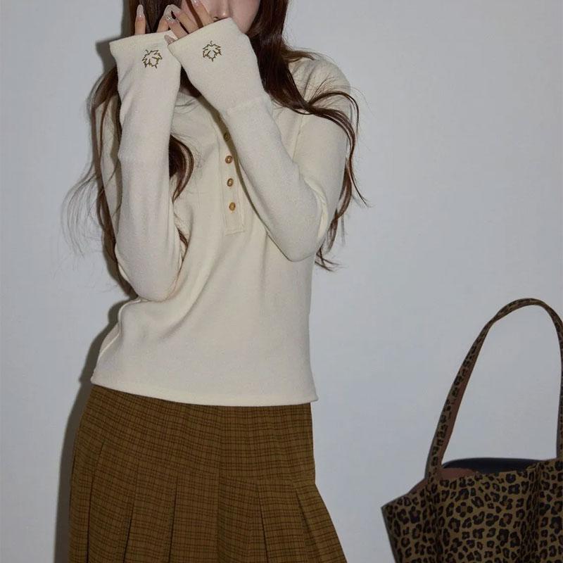 

Fashionable Embroidery Hooded Pullovers Women s Clothing Solid Color Basic Autumn Button Casual Long Sleeve Slim Korean T-shirts S абрикосовий