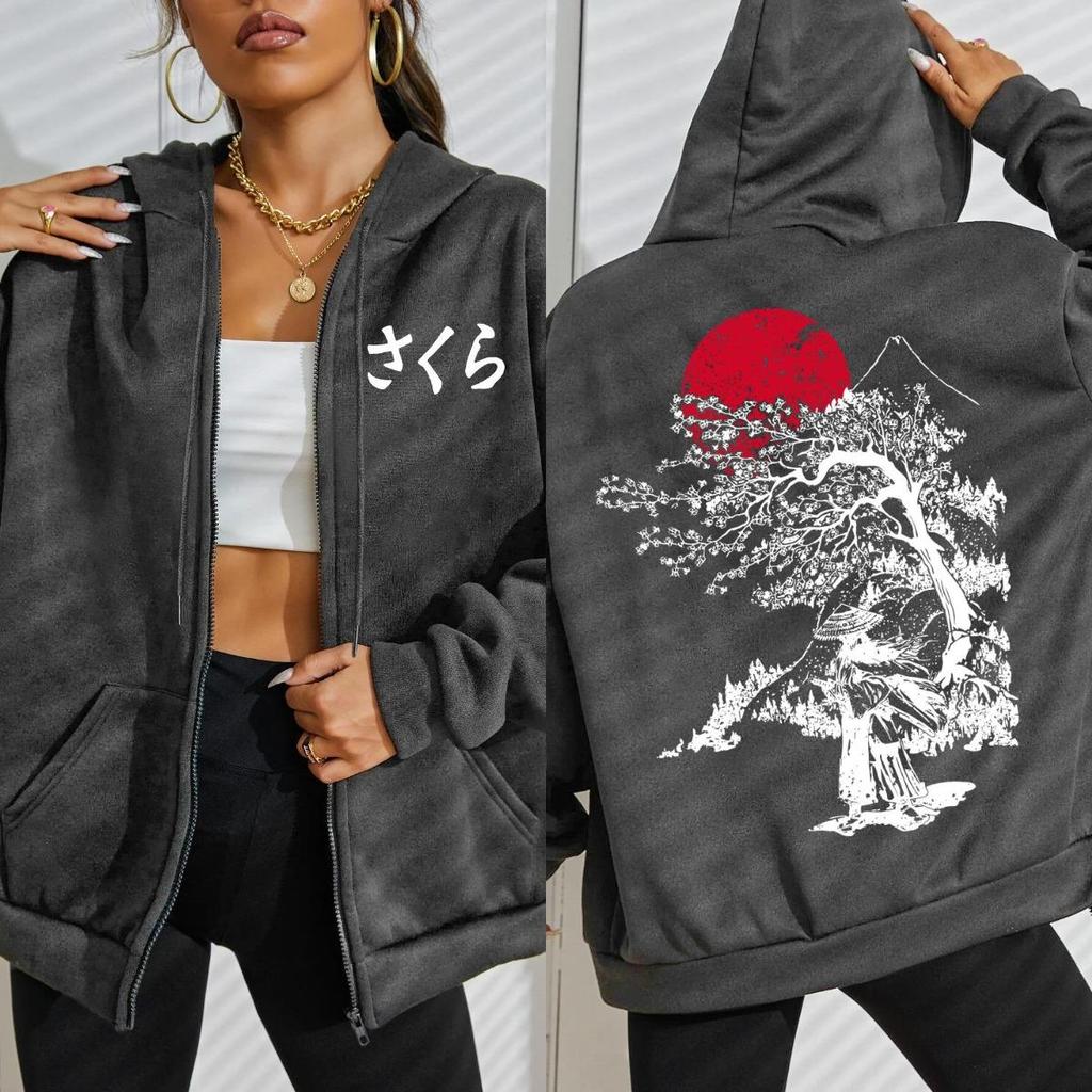 Harajuku Sunset Cherry Blossom Swordsman Printing  Zipper Hoody Women Loose Streetwear Fleece Soft Pocket Hoodie Clothes