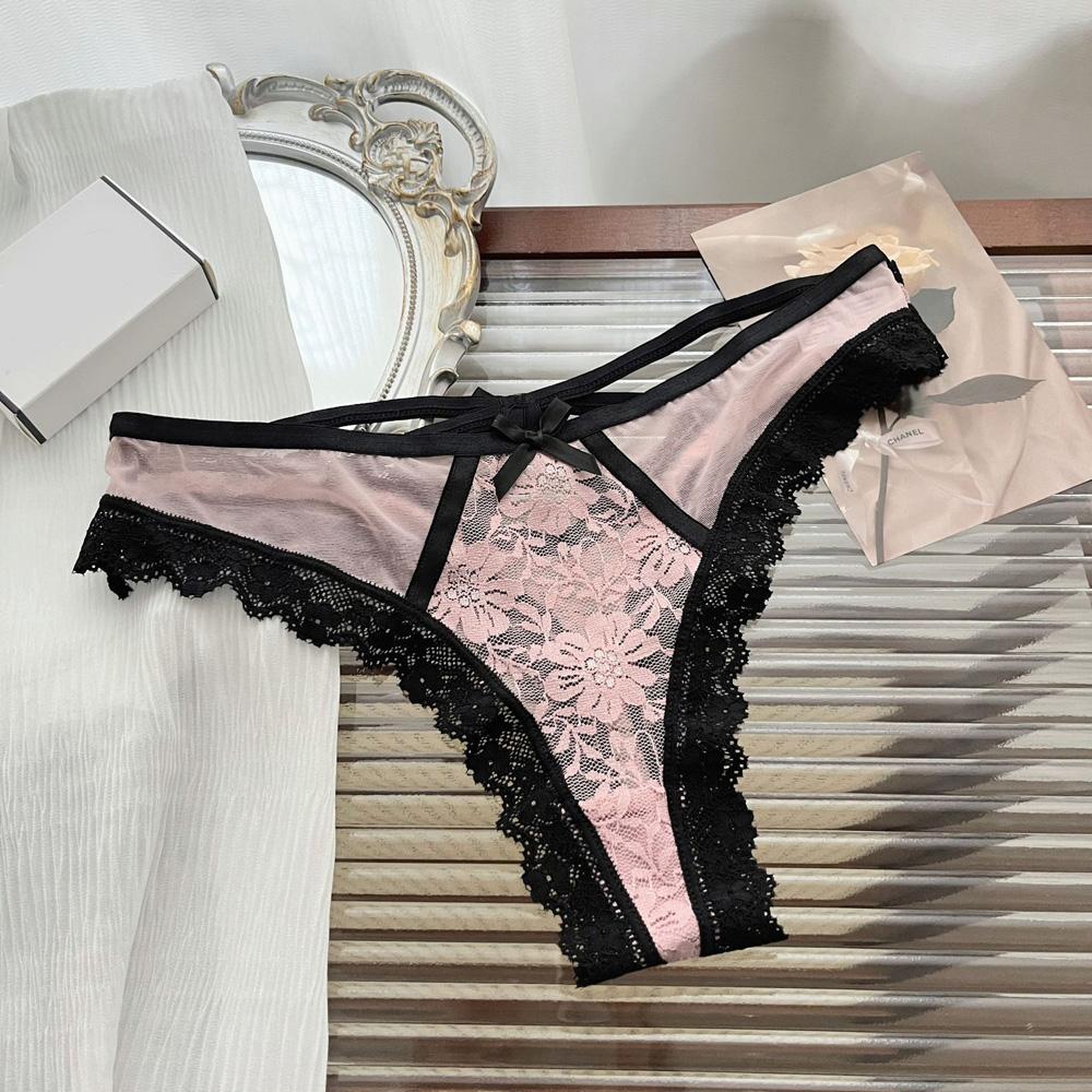 Lace Bow Sexy Thong Transparent Women's Lingerie Low Waist Flower Embroidery Mesh Perspective Hollowed Panties Briefs