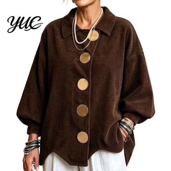 Lady Corduroy Jacket Women with Large Metal Buttons, Lantern Sleeve Casual Long Coat for Fall Winter, Loose Fit Oversized Collared Outerwear Warm