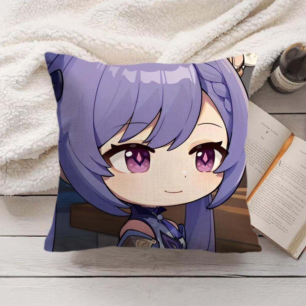 Keqing Cute Genshin Impact Cushion Cover Silky Short Plush Invisible Zipper Dustproof Sofa Pillow Case For Home Decor