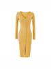 Women's Slim-Fit Brushed V-Neck Long-Sleeved Dress with Waist-Cinching, Mid-Length Skirt.