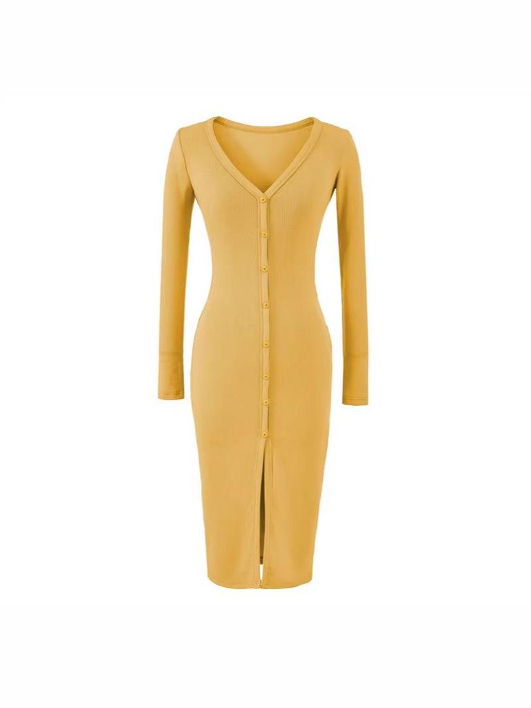 Women's Slim-Fit Brushed V-Neck Long-Sleeved Dress with Waist-Cinching, Mid-Length Skirt.