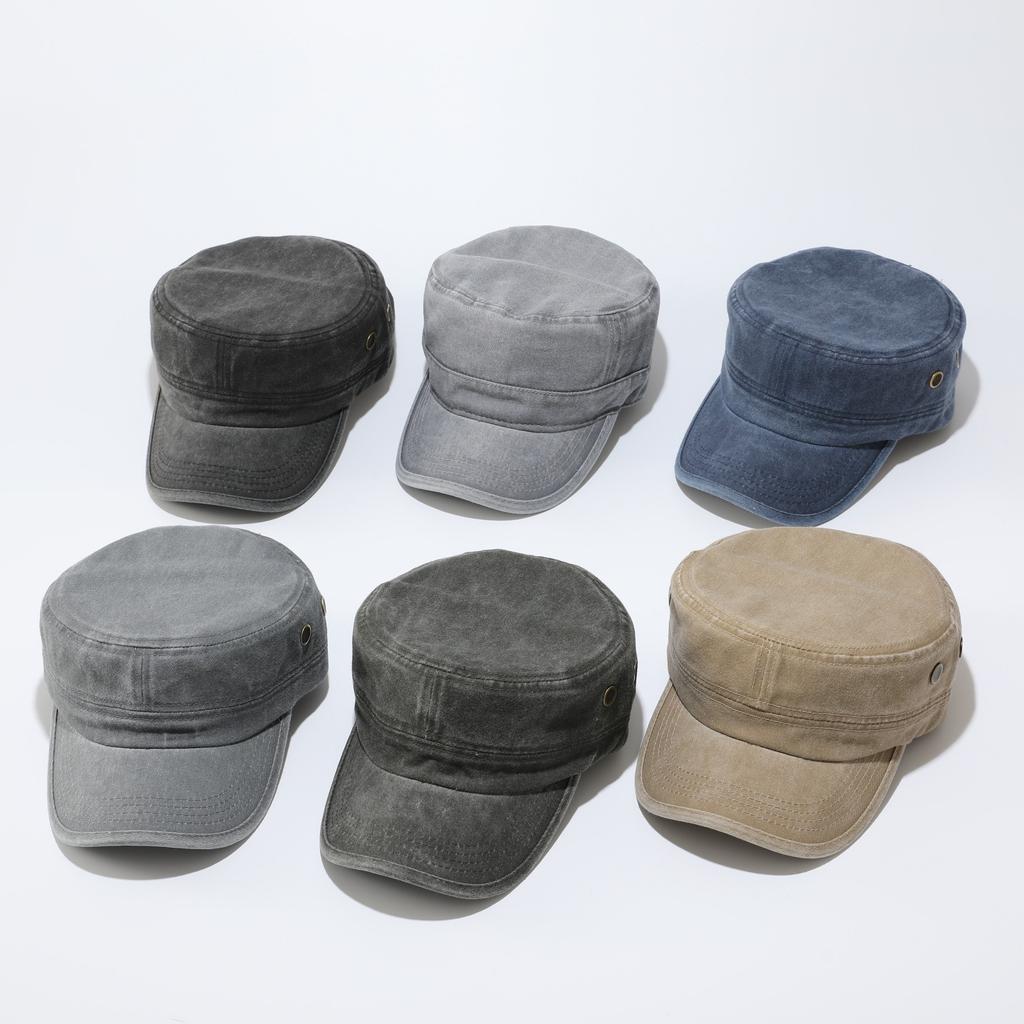 Flat Top Hat Men's Military Hat Solid Color Washed Cotton Hat Washed Cap Light Plate Sunscreen Sun Hat