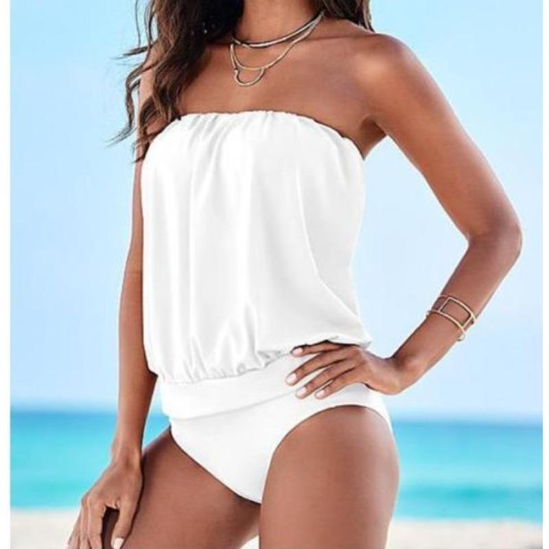 

Solid color multi-size tube top off-the-shoulder one-word shoulder sexy one-piece swimsuit beach triangle swimsuit H S белый