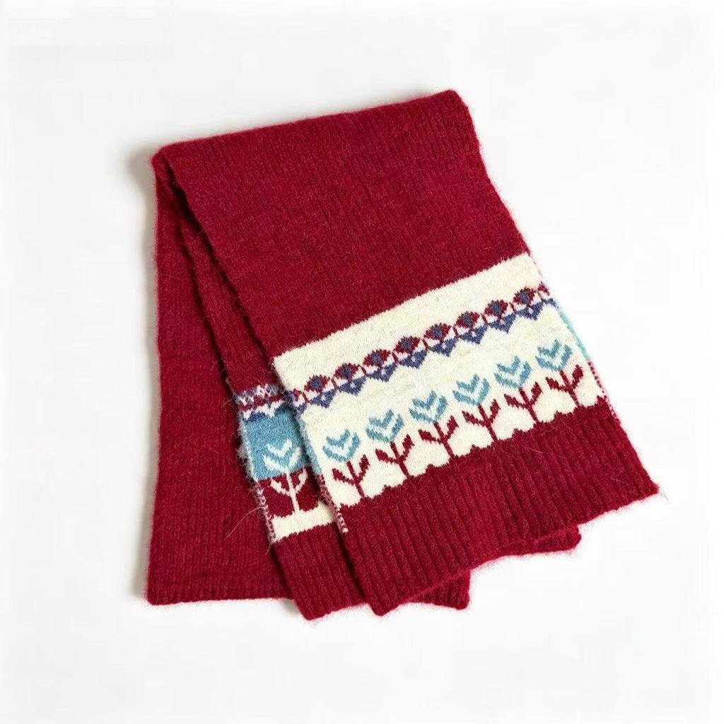 Fair Island Red Knitted Scarf Women's Autumn and Winter Thickened Warm Retro Jacquard Wool Scarf Versatile Student Model
