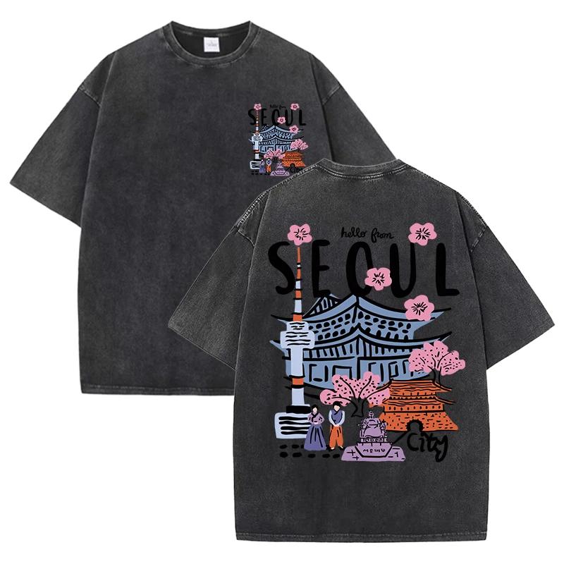 

Summer Vintage Seoul Korea TShirt Washed Cotton Aesthetic City Graphic Tee Retro Acid Wash Short Sleeve Harajuku Style M