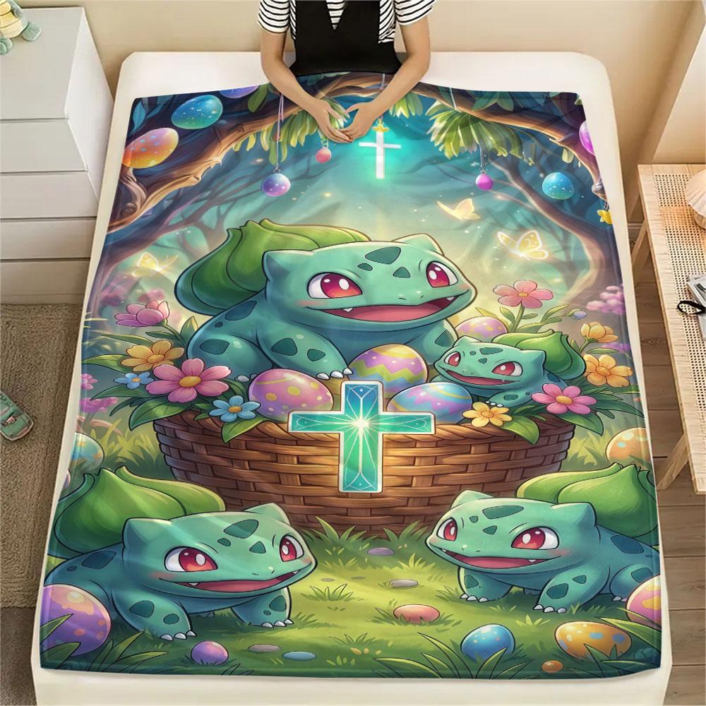 1Pc Easter Pokemon Print Flannel Blanket, High quality Comfortable for All Seasons, Home Decor, Warmth and Comfort, Perfect for Christmas Gifts