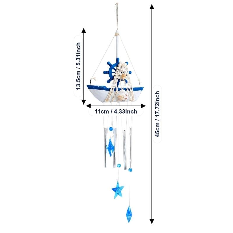 Coastal Wind Chimes with Blue and White Sailboats, Carving and Painted Detail, and Metal Tube, Star Pendants for Entryway Decors
