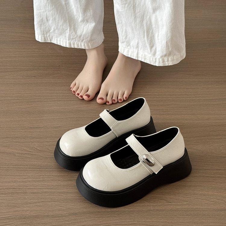 Muffin Thick-soled Round-headed Mary Jane Shoes Women's 2025 Spring New Shallow Mouth Retro College Style Loafers Single Shoes