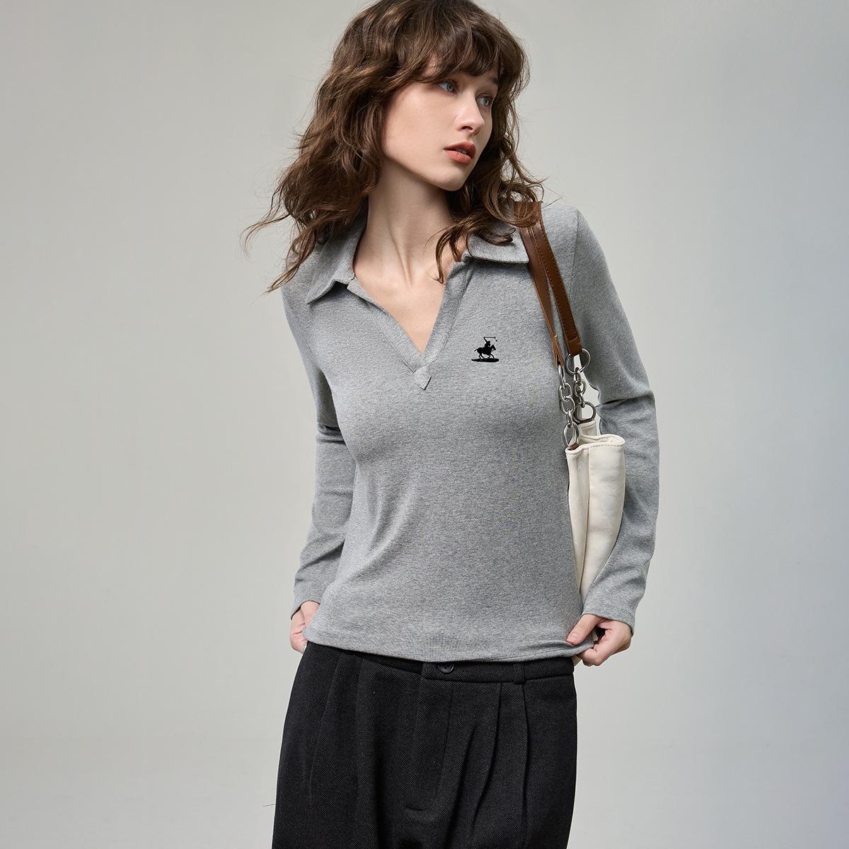 

Stylish Pony Print Polo Collar Long Sleeve V-Neck Women’s Slimming T-Shirt for Autumn 2025. M