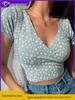 American Retro Floral V-Neck Slim Cropped Short-Sleeve Women's Top for Summer