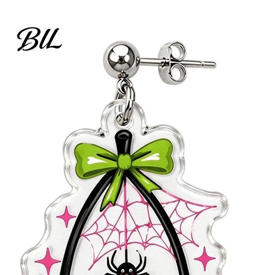Dark Style Pendant Earrings 1 Pair Acrylic Cherry for Women, 2D Fruit Dangle Drop Halloween Party Jewelry with Spider Web And Bow, Punk Goth Aesthetic