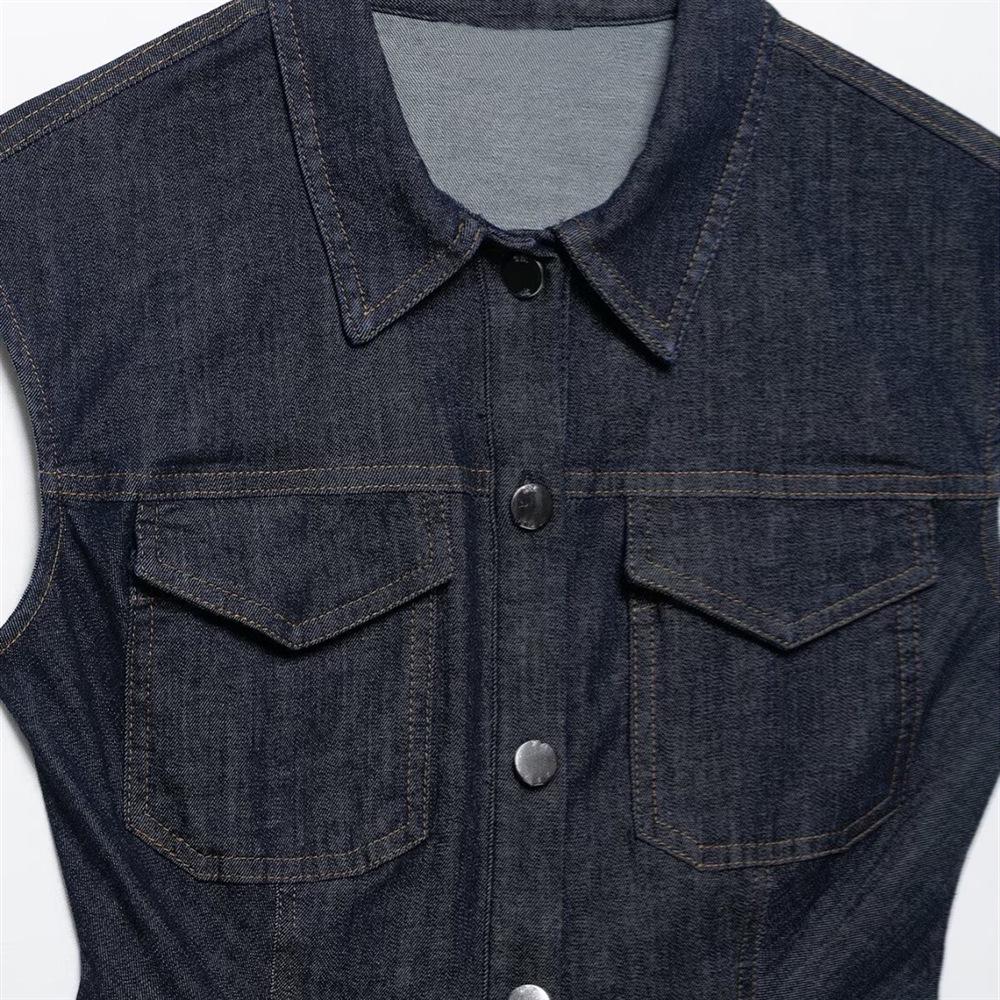 2025 Spring/Summer Women's Slim Fit Sleeveless Denim Dress with Simple Lapel