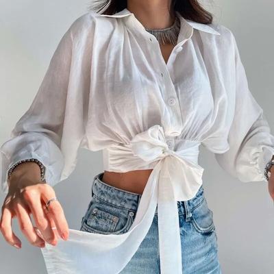 Long Batwing Sleeve Cardigans Women Lace-up Shirts Spring And Autumn 2023  Loose Tops Blouse Solid Color Clothes Blusas 29482