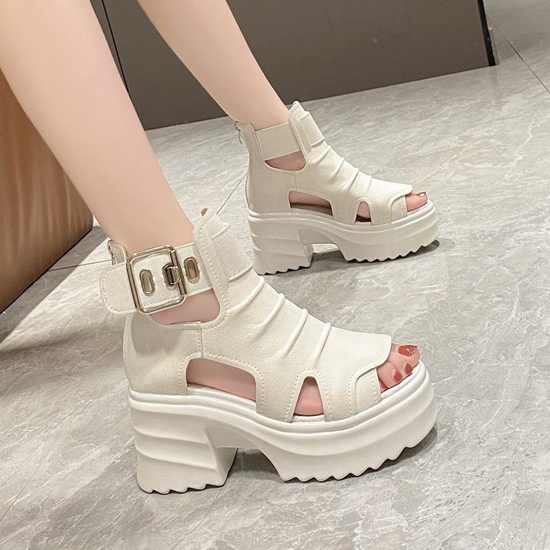 TUINANLE Women Sandals Summer High Heels Ladies Chunky Shoes Platform Wedges Sweet Zip White Sandals