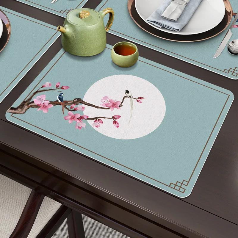 Traditional Chinese Painting Leather Placemat Modern Elegant Waterproof Oilproof Heat Resistant Table Mat PVC Heat Insulated Pad 45x30cm