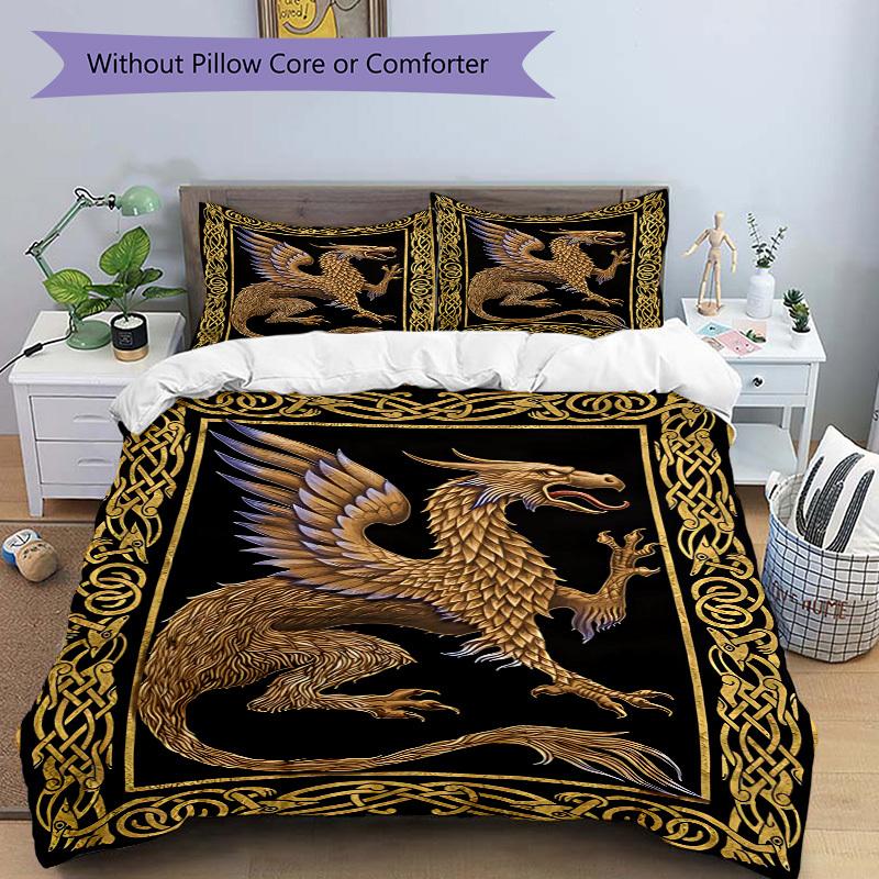 3pcs Golden Dragon Duvet Cover Set - Includes 1 Duvet Cover and 2 Pillowcases, No Quilt Core, All-Season Home Decor Yy251111075