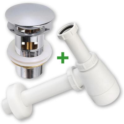 Set: Silver Click-clack Plug with Overflow + Washbasin Siphon